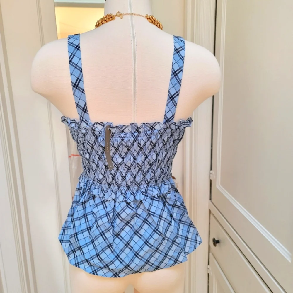 New! J Crew XL X-Large Blue Smocked tank in textured plaid NWT